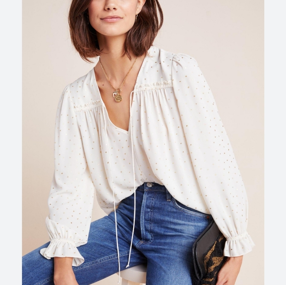 Current Air Anthropologie Ivory Gold Metallic Bristol Blouse sz XL